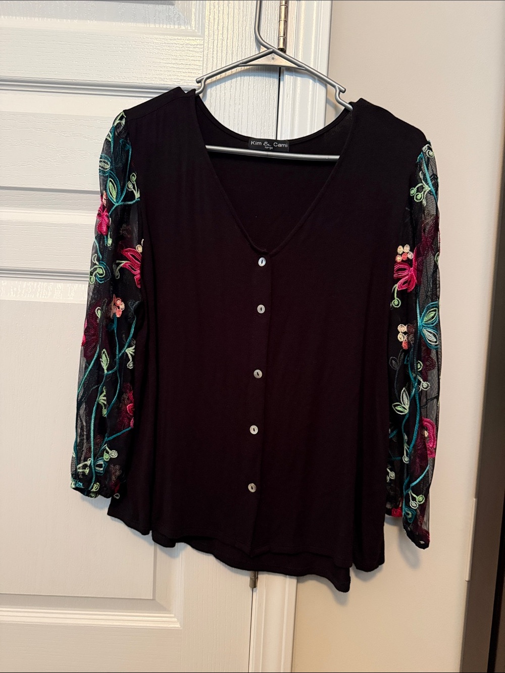 Kim & Cami Black Button-Front Top with Embroidered Mesh Sleeves